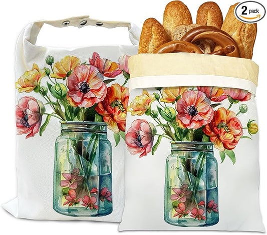 Beeswax Bread Bags, 2 Pack for Homemade Bread and Sourdough Storage | Flowers in Jar, Reusable Polyester Bread Storage With Beeswax Coating And Snap Closures