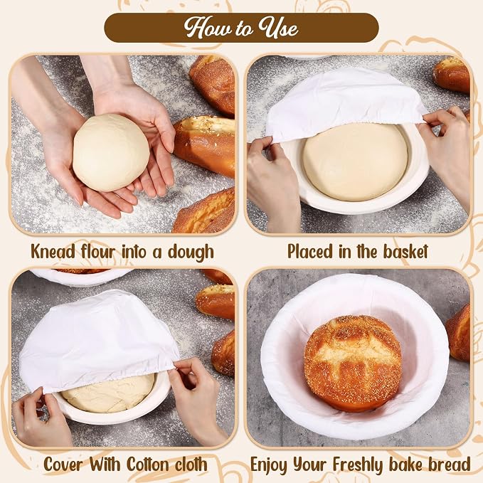 Baderke 4 Pack Banneton Bread Proofing Basket Set 10 Inch Wood Pulp Sourdough Proofing Basket Non Stick Sourdough Banneton Bowl and Liners for Bread Baking Supplies(White,Round)