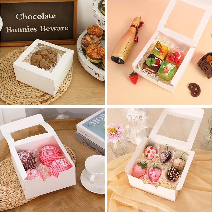 TOMNK 16pcs Cookie Boxes with Window, 6x6x3 Inches Bakery Boxes for Treats, Chocolate Covered Strawberries, Cupcake, Pastry(with Stickers)