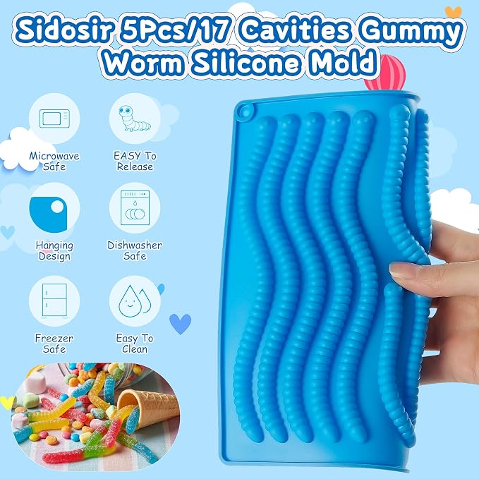 Sidosir 7Pcs Silicone Gummy Worm Chocolate Molds, Non-Stick Worm Chocolate Mold for Parties, Gummy for Home DIY, Silicone Mold for Make Gummies