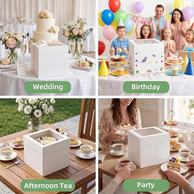 ZBEIVAN 24 Pack Cake Boxes 10x10x10 Inches White Bakery Boxes with Window, Large Square Cardboard Cake Carriers for Cakes