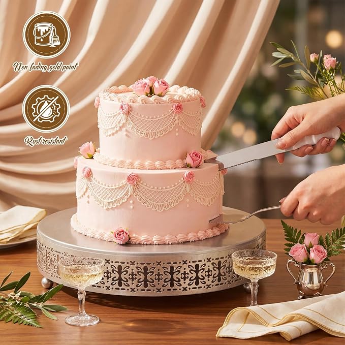 Wenqik Silver Cake Stand 12 Inch Metal Round Wedding Cake Stand with Cutting & Spatula Cupcake Dessert Cookies Display Holder Fruit Serving Tray for Wedding Birthday Anniversary Party