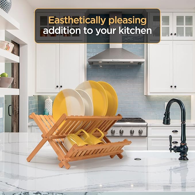 Bambüsi Collapsible Dish Drying Rack - 2 Tier Bamboo Dish Rack Dish Drainer for Kitchen Counter, Foldable Wooden Drying Rack for Plates Cups Bowls Utensils, No Assembly Folding Rack for Apartment, RV