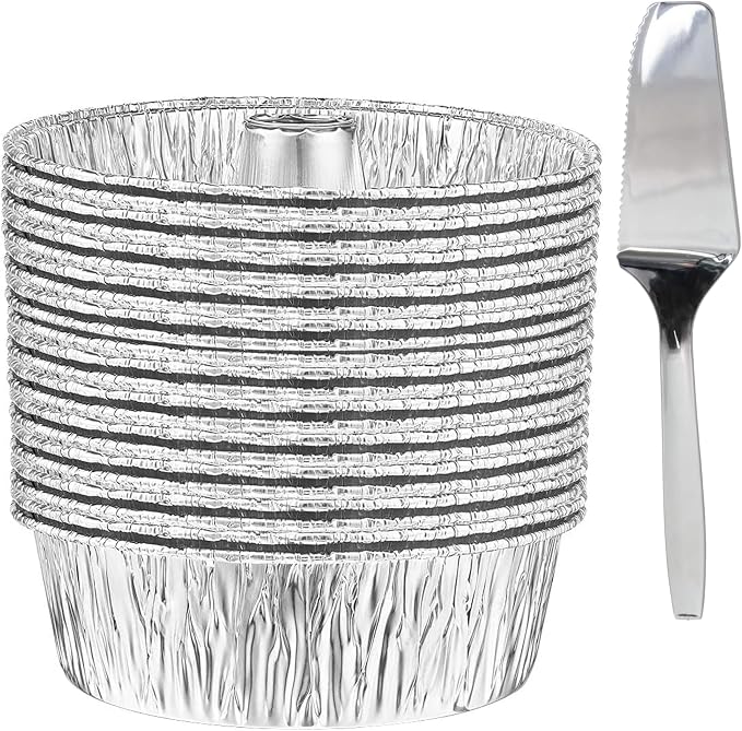 8" Aluminum Angel Tube Cake Pan with 10" Cake & Pie Server with Serrated Edge | Round Deep Foil Bundt with Center Tube for Heat Distribution | Heavy Duty Oven Safe Bakeware | 100 Count