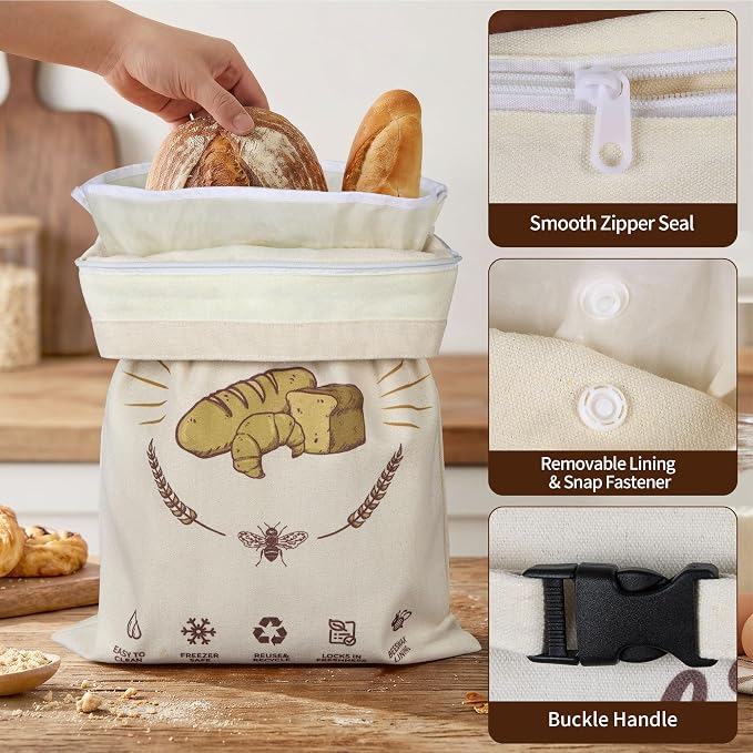 2 Pack Beeswax Bread Bags, X-Large | Detachable Liner & Handles, Organic Cotton Wrap, Eco-Friendly & Washable, For Homemade Sourdough, Reusable Food Storage