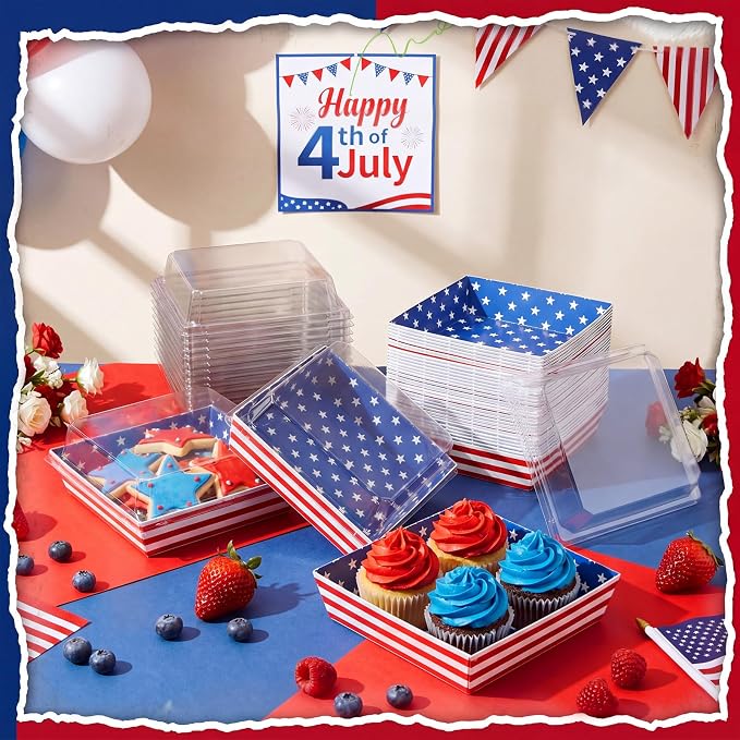Potchen 50 Pack Bakery Boxes with Clear Lids, Disposable Charcuterie Treat Boxes for Cookies, Donuts, Cupcakes, Candy and Mini Cakes, Party Favor for Wedding and Gift Giving(Independence Day Design)