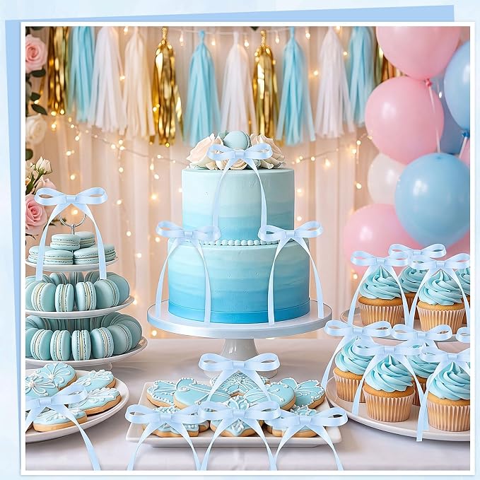 30 Pack Bow Cake Toppers Light Blue Ribbon Bows for Cake Baby Blue Bow Birthday Decorations for Baby Shower, Wedding, Bachelorette, Summer Pool Party Decorations