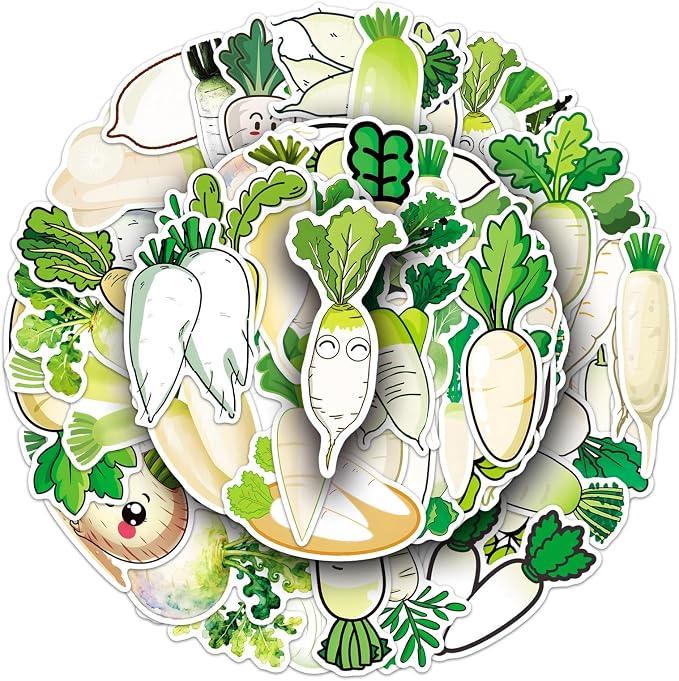 50 Pcs White Radish Stickers - Cute Kawaii Style Vegetable Decals for Journal, Kitchen, Laptop - Unique Funny Foodie Sticker Pack(White Radish)