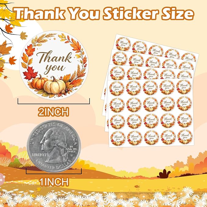 Louise Maelys 120Pcs Thank You Stickers Roll-2 Inch Autumn Thank You Sticker with Pumpkin & Leaf Pattern Labels for Thanksgiving, Gift, Party Favors, Small Business, Envelope,Holiday Decorations