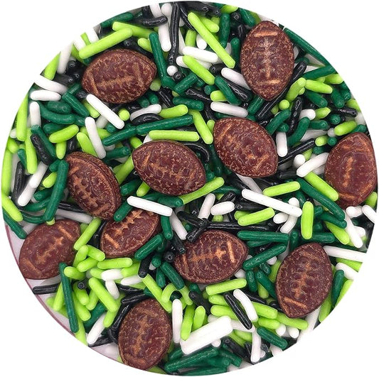 NCS Brown Footballs with Black, White, Lime Green & Dark Green Jimmies Edible Sprinkles – Cupcake, Cake & Cookie Decorations, 7 oz