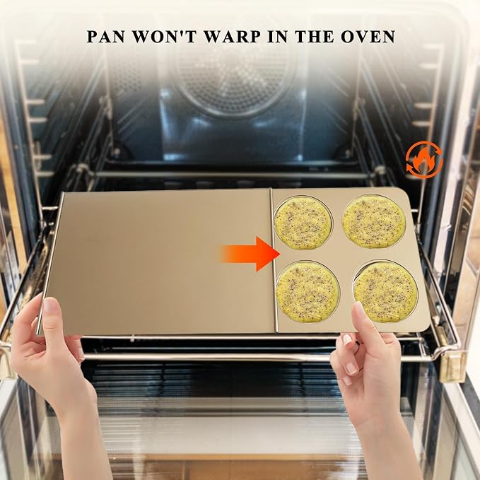 6-Cup English Muffin Pan with Sliding Lid, Nonstick Carbon Steel | 3.35" Cavities for Homemade English Muffins, 2-in-1 Breakfast Sandwiches, Hamburger Buns and Mini Quiches