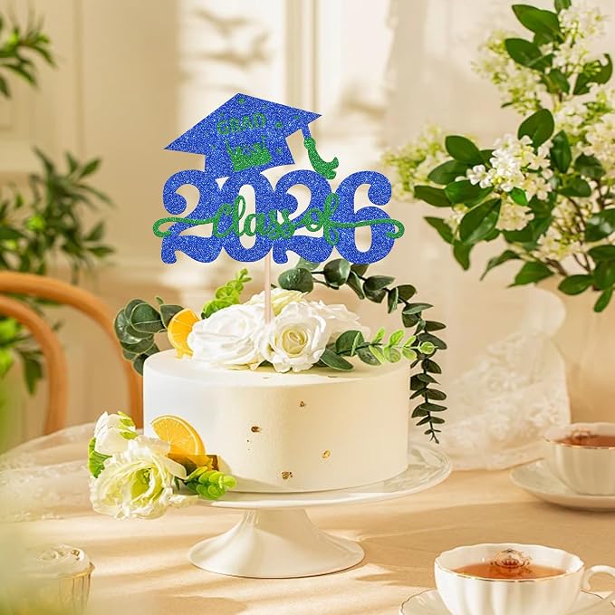 1 Pack Class of 2026 Cake Topper Glitter Congrats Grad Cap 2026 Graduation Cake Pick Decoration for 2026 Graduation Theme High School Graduate Party Cake Decorations Supplies Blue Green