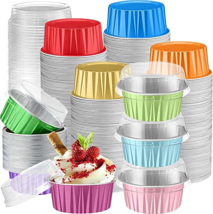 200 Pack Aluminum Foil Cupcake Liners with Lids, 5 oz Round Baking Cup, Disposable Ramekin Container for Graduation Wedding Independence Day Party(Mixed Color,Plain)