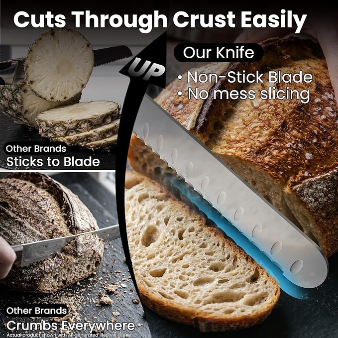 CoquusAid Bread Knife for Homemade Bread, 9 Inch Multifunction Serrated Knife, Razor Sharp Slicer, High Carbon German Steel Bread Cutter, Ergonomic Handle Design for Sourdough Turkey Fruit Cutting