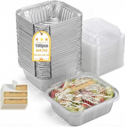 Gyeruni 100 Pack Disposable Aluminum Loaf Pans with Lids and Stickers Kit, 6" x 4.7" x 2" Small Foil Loaf Pans Disposable Mini Foil Baking Tins Trays for Food Containers/Cakes/Bread