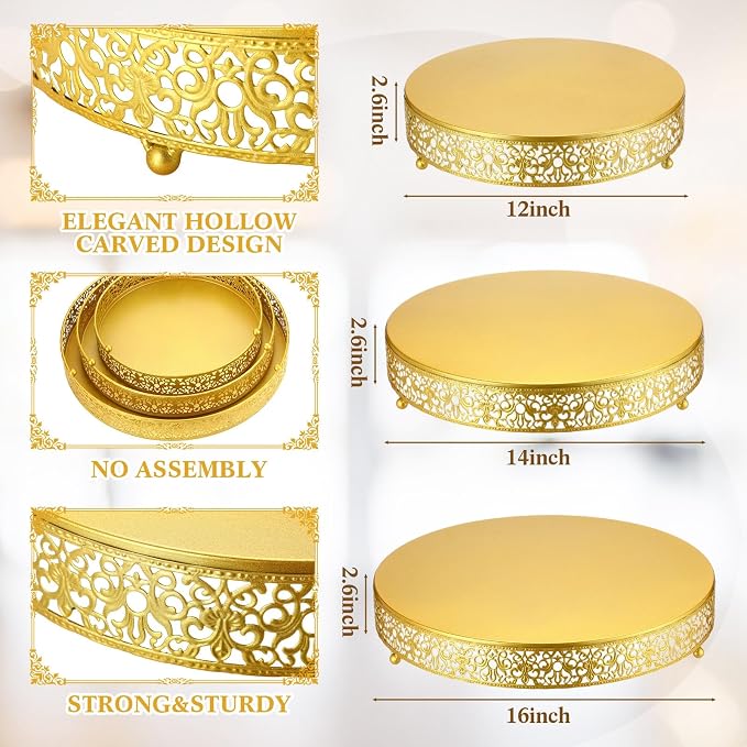 Wenqik 3 Pcs 16'' 14'' 12'' Metal Gold Cake Stand Round Cake Stands for Dessert Table Cookies Fruit Serving Tray Cupcake Dessert Pastry Riser for Wedding Birthday Party and Events