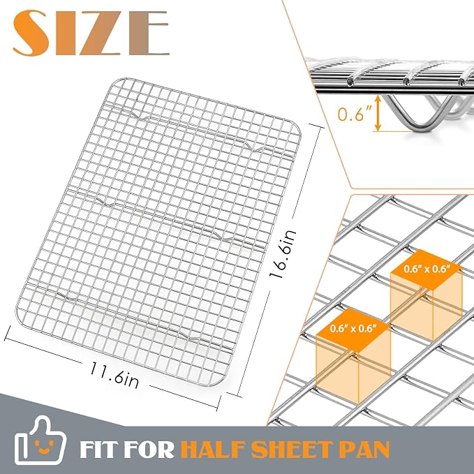 Cooling Rack Set of 2, E-far 1/2 Sheet Baking Racks for Oven Cooking Roasting Grilling, Stainless Steel 16.6” x 11.6” Wire Rack for Cookie Cake Bacon Meat Resting, Non-toxic Metal & Dishwasher Safe