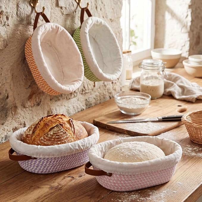 4 Pack Oval Banneton Bread Proofing Basket Set, 10'' Natural Cotton Rope Sourdough Proofing Basket with Liners & Handle Artisan Sourdough Bread Baking Supplies for Home Bakers(Pastel)