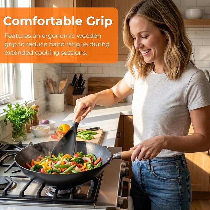 13" & 11" Silicone Cooking Spoons 2-Pack with S-Hooks - Wooden Handle Spoonula Set for Nonstick Cookware - Heat Resistant 446°F Spatula Spoon for Mixing & Serving, BPA Free（Black）