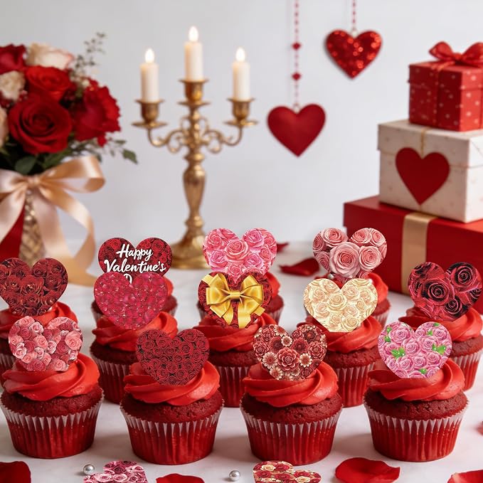 56PCS Edible Floral Heart Cupcake Toppers Wafer Paper Roses Heart Cupcake Picks Happy Valentine’s Day Cake Decor for Valentine's Day Theme Engagement Party Supplies