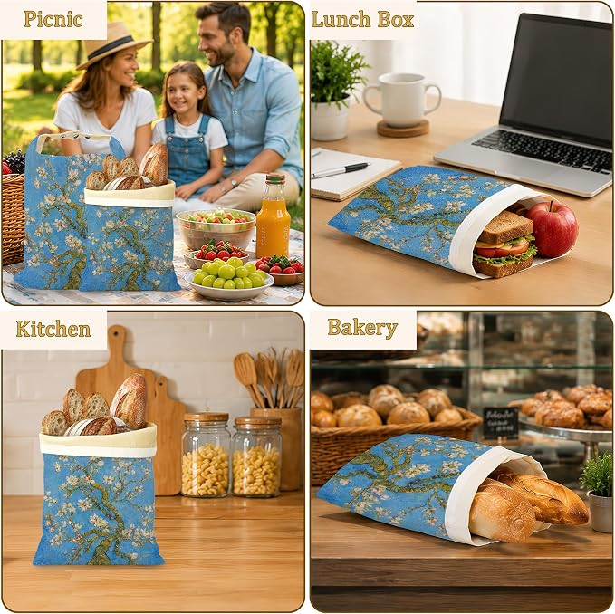 Blossoming Almond Tree Bread Bags for Homemade Bread, 2 Pack Linen and Beeswax Sourdough Storage Bags, Reusable Keeper, Keeps Breads Fresh Longer, Gifts for Bakers