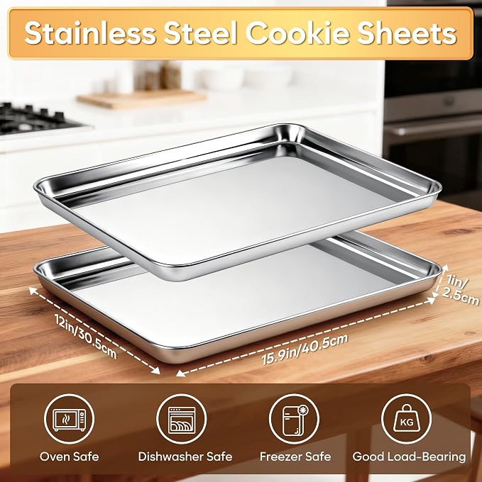 Pack Jelly Roll Pan Set of 2, 15.9” x 12” Stainless Steel Cookie Sheets for Baking, Non Stick Baking Sheets for Oven Heavy Duty Baking Trays
