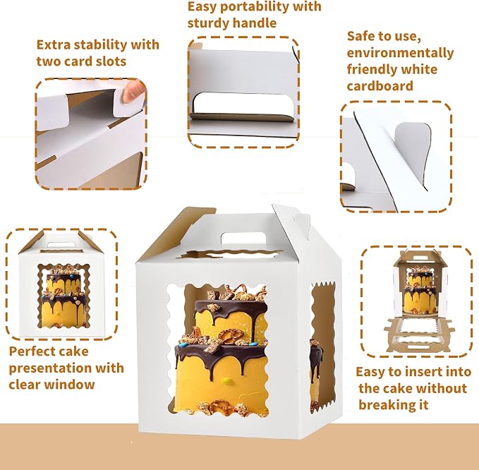 XININSUN Tall Cake Boxes with 6 windows,12x12x12inch Tall Cake Carrier for Tier Cake,12inch cake transport container,Bakery Take Out Containers for Wedding, Birthday, Party