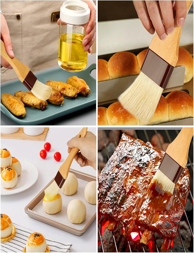 Pastry Basting Brush Natural Bristle - Food Grade Wooden Handle, Heat Resistant 660°F, Non-Shedding & Durable Kitchen Utensils for Cooking, Baking, Butter, BBQ, Oil Sauce & Egg Wash (1", 1.5", 4 Pack)