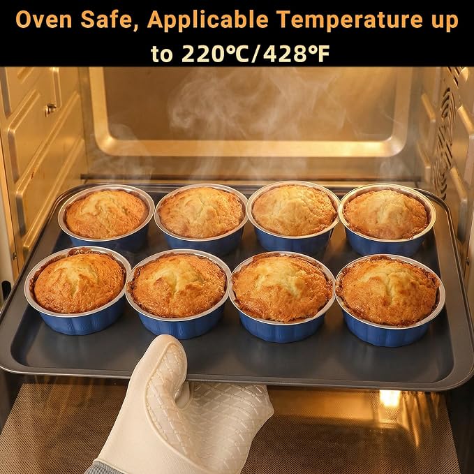 Beasea 8 oz Disposable Ramekins with Lids, 50 Pack Aluminum Cups for Baking, Aluminum Foil Baking Cups with Lids, Creme Brulee Muffin Cupcake Mini Pudding Foil Ramekin for Party Wedding - Moon Blue