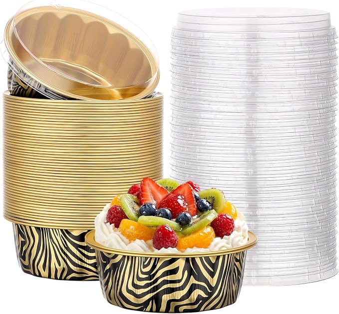 Beasea Disposable Ramekins 8oz, 50 Pack 235ml Aluminum Foil Cups with Lids, Disposable Creme Brulee Muffin Cupcake Mini Cheesecake Baking Cups for Party - Tiger Stripes