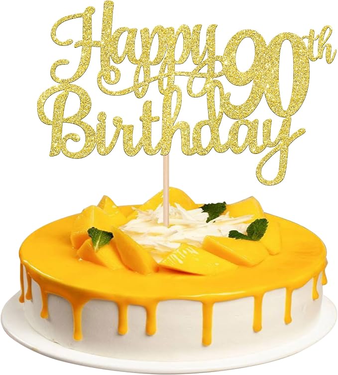 1 PCS Happy 90th Birthday Cake Topper Gold Glitter Cheers to 90 Years Birthday Cake Pick 90 Fabulous Cake Decoration for Happy 90th Birthday Theme Party Decorations Supplies