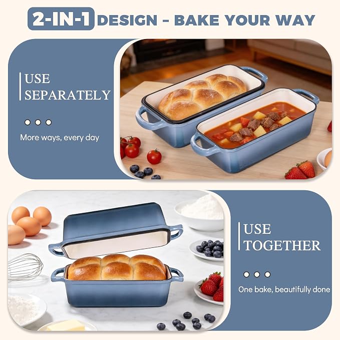 11x5 Inch Cast Iron Loaf Pan with Lid, Large Loaf Pans for Sourdough Bread Baking, Even Heat Distribution Dutch Oven Bread Pan for Homemade Bread, Meatloaf (5.8Qt, Seasalt)