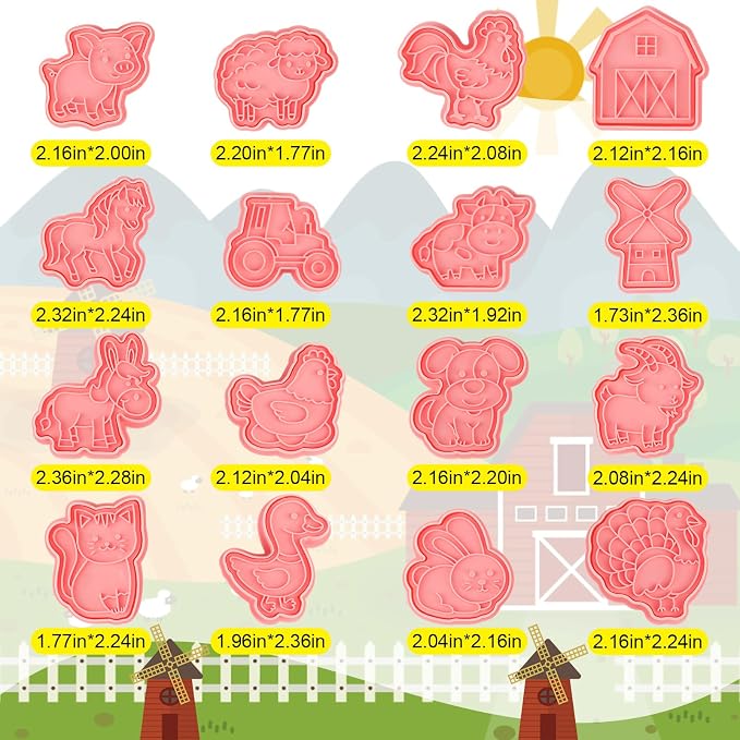 Jspupifip 16 Pack Farm Animal Cookie Cutters Set, 3D Cookie Plunger Stamps Cow Pig Chicken Sheep Animal Circus DIY Press Molds Funny Cartoon Farm Theme Party Baking Supplie Plastic Clay Biscuit Molds