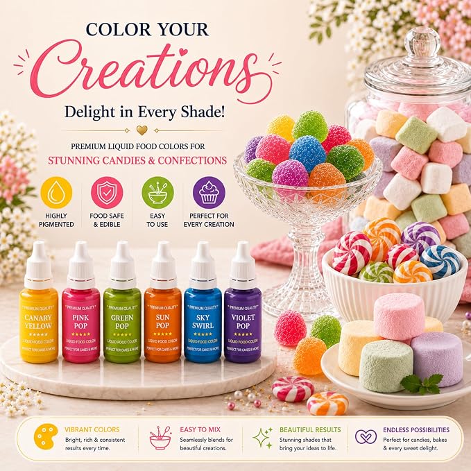 Confect Party Brights Water Color Food Coloring Set – Highly Pigmented Oil Based Food Colors for Cakes, Buttercream, Drinks, Popsicles & Baking – 6 Pack × 10mL