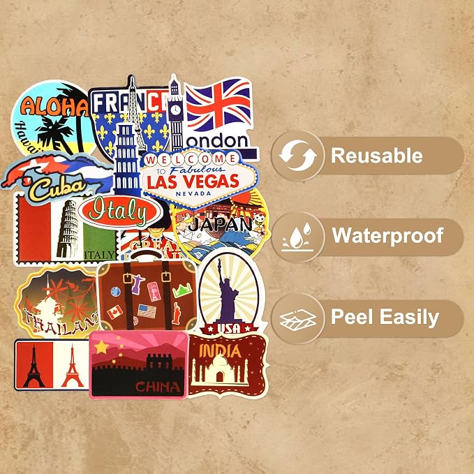 100 Pcs Travel Stickers for Scrapbooking, Waterproof Vinyl Adventure World Map Landmark Stickers for Laptops Water Bottles Journals, Decorative Decals for Teens Students Adults