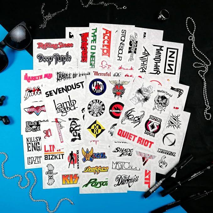 100Pcs Classic Rock Stickers, Rock and Roll Stickers, Rockabilly Band Decals, Classic Rockabilly Gifts, Waterproof Decals, Guitar Emblems, Music Emblems, Gifts for Women & Men