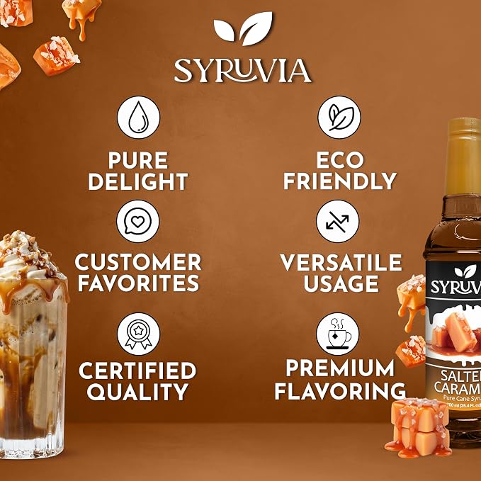 Syruvia Coffee Syrup, Salted Caramel Flavored Syrup for Drinks, Lattes, and Desserts – 25.4 fl oz - with Pump