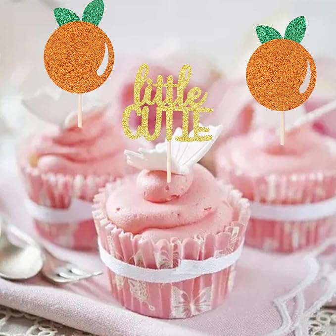 24 PCS Little Cutie Cupcake Toppers Glitter Orange Cupcake Picks for Citrus Theme Baby Shower Kids Birthday Party Cake Decorations Supplies