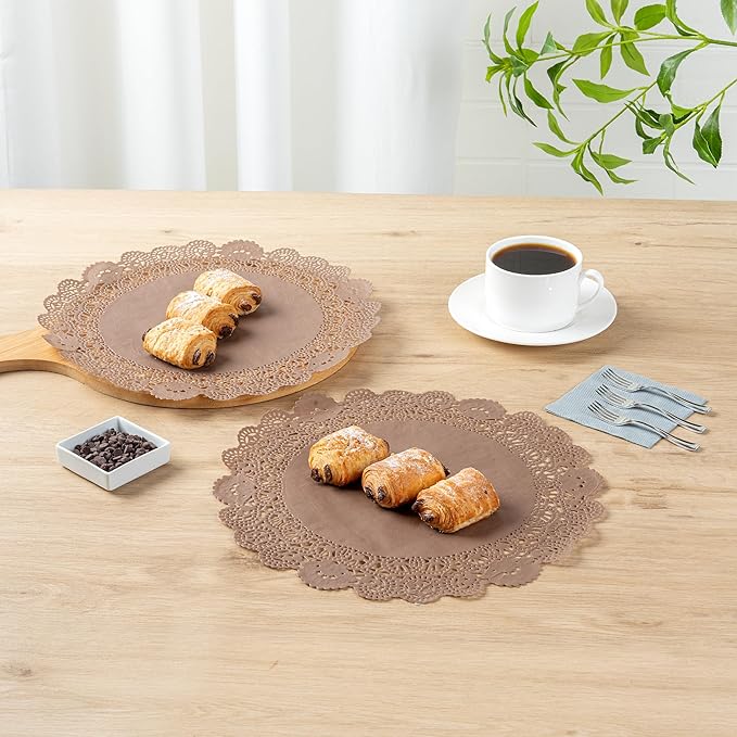 Restaurantware-Pastry Tek 12 x 12 Inch Paper Lace Doilies, 4000 Disposable Table Doilies - Elegant Lace Finish, Long Lasting, Brown Paper Placemat, for Pastries, Cupcakes, Desserts