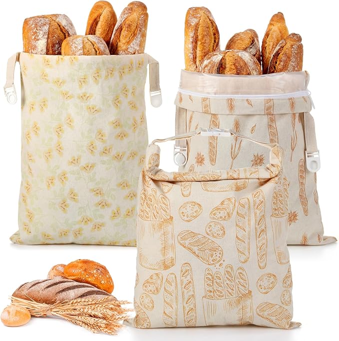 Tallew 3 Pack Beeswax Bread Bags for Sourdough & Homemade Bread 17 x 13'' XL Reusable Organic Linen Beeswax Wraps with Sealing Zip for Fresh Food Storage Loaf Freezer Baker(Classic Style)