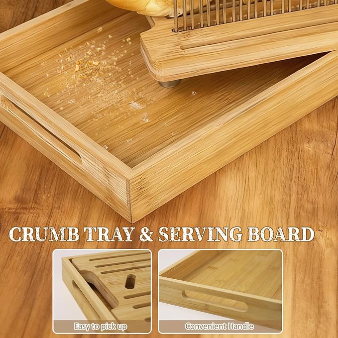 Bamboo Bread Slicer for Homemade Bread with Steel Guides | Adjustable Width, Stainless Steel Slicing Guides, Crumb Tray, For Sourdough Bread, Cakes, Loaves, Bagel