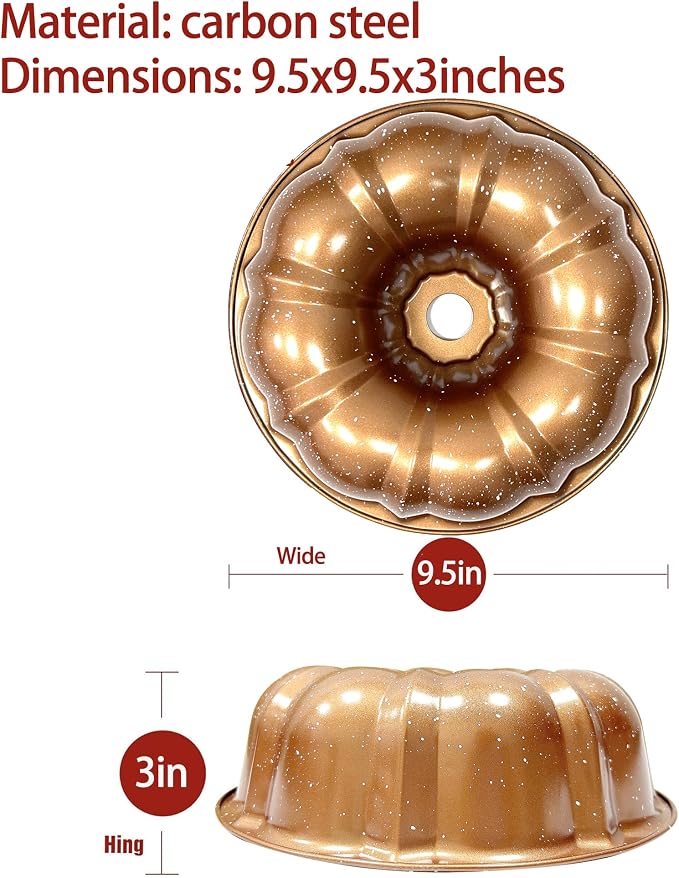 Kundalini Classic Bakeware 9.5 Inch Non-stick Fluted Cake Pan,Heavy Duty Carbon Steel Tube Baking Mold Gold