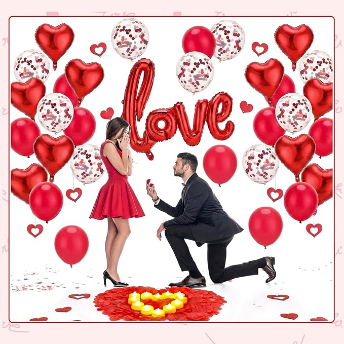 Red Valentines Day Decorations with Red Heart Balloons and Love Balloon, 12 Romantic Candles with 1000 Fake Rose Petals for Special Night, Wedding Anniversary Engagement Romantic Decorations