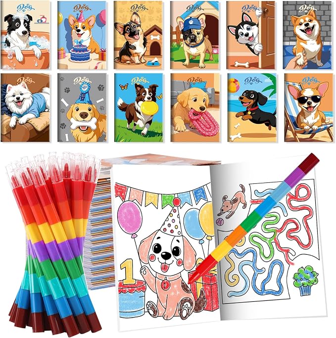 BenLouis 12 Dog Mini Coloring Books Kids with 12 Stacking Crayons Cute Puppy Party Favors Small Activity Books Bulk for Kids Pet Paw Party Gift Goodie Bag Stuffers