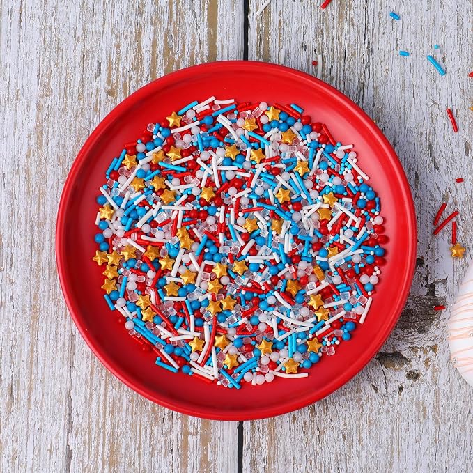 Red White and Blue Sprinkles - Patriotic 4th of July Sprinkles for Cake Decorating, 4.6oz Jimmies Nonpareils Stars Sprinkle Mix, Edible Cake Sprinkle for Baking, Cookie, Cupcake, Ice Cream Toppings