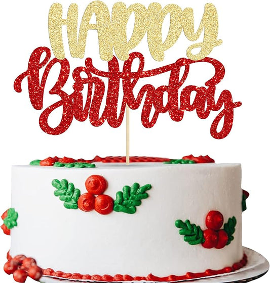 Gyufise 1Pcs Happy Birthday Cake Topper Glitter Happy Birthday Cake Pick for Christmas Theme Wedding Anniversary Theme Party Cake Decorations Supplies Gold Red