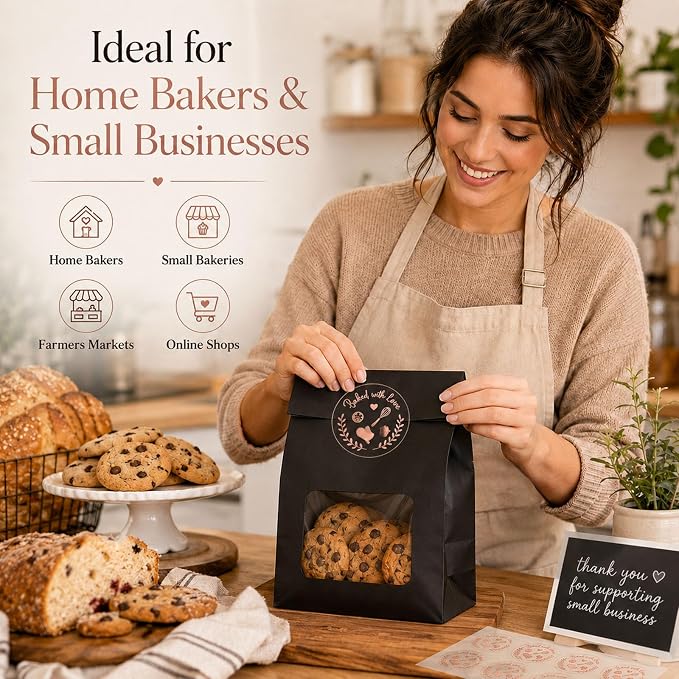 100 Baked with Love Stickers, Bakery Stickers, Baking Stickers & Cookie Stickers for Homemade Treats, Sourdough Bread, Pastry Packaging, Clear Rose Gold Foil Labels for Small Business, 1.6''