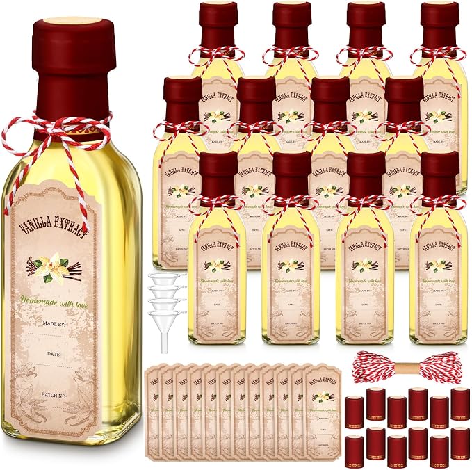 Tioncy 12 Pcs Vanilla Extract Bottles for Homemade Vanilla Jar Glass Square Bottle with Cap Shrink Band Sticker Syrup Food Storage Canister for Liquids Bean Sauce Spice Gift Giving(Red,5 oz)