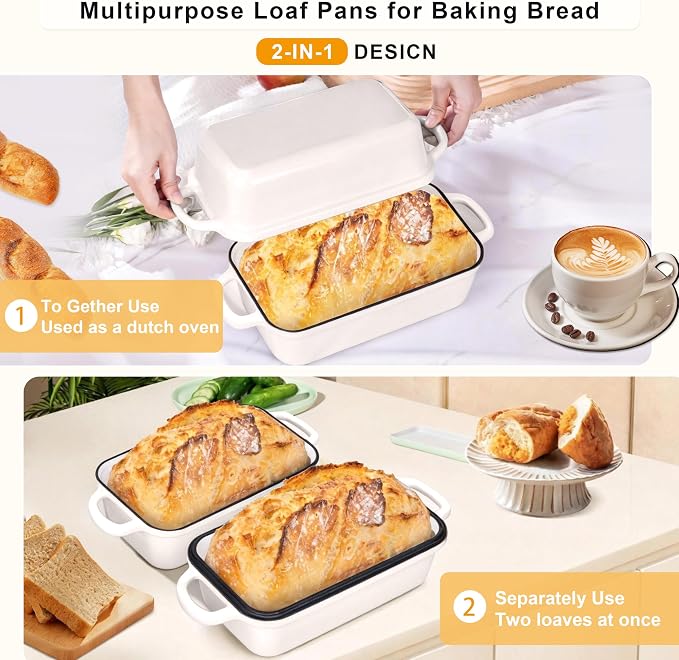 Cast Iron Bread Loaf Pan with Lid, Loaf Pans for Baking Bread 9x5 Inch, Bread Baking Pan for Homemade Bread, Sourdough with Golden Crispy Crust, Cream