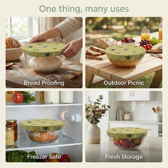 Reusable Bowl Covers (Set of 4) - Breathable Cotton Linen Sourdough Accessories - Elastic Durable Fabric Food Lids for Proofing Baskets & Bread Baking Supplies (Pale Mustard)